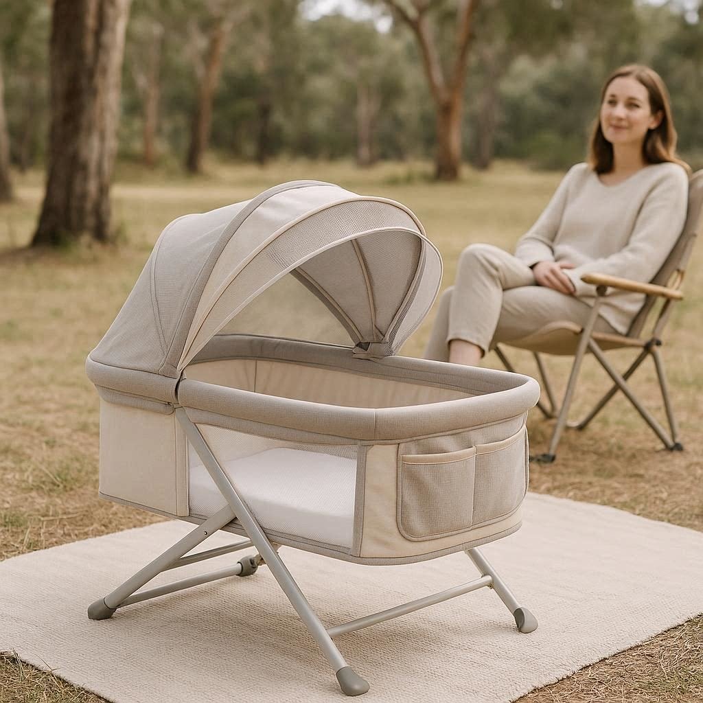 Portable baby bassinet set up outdoors at a park