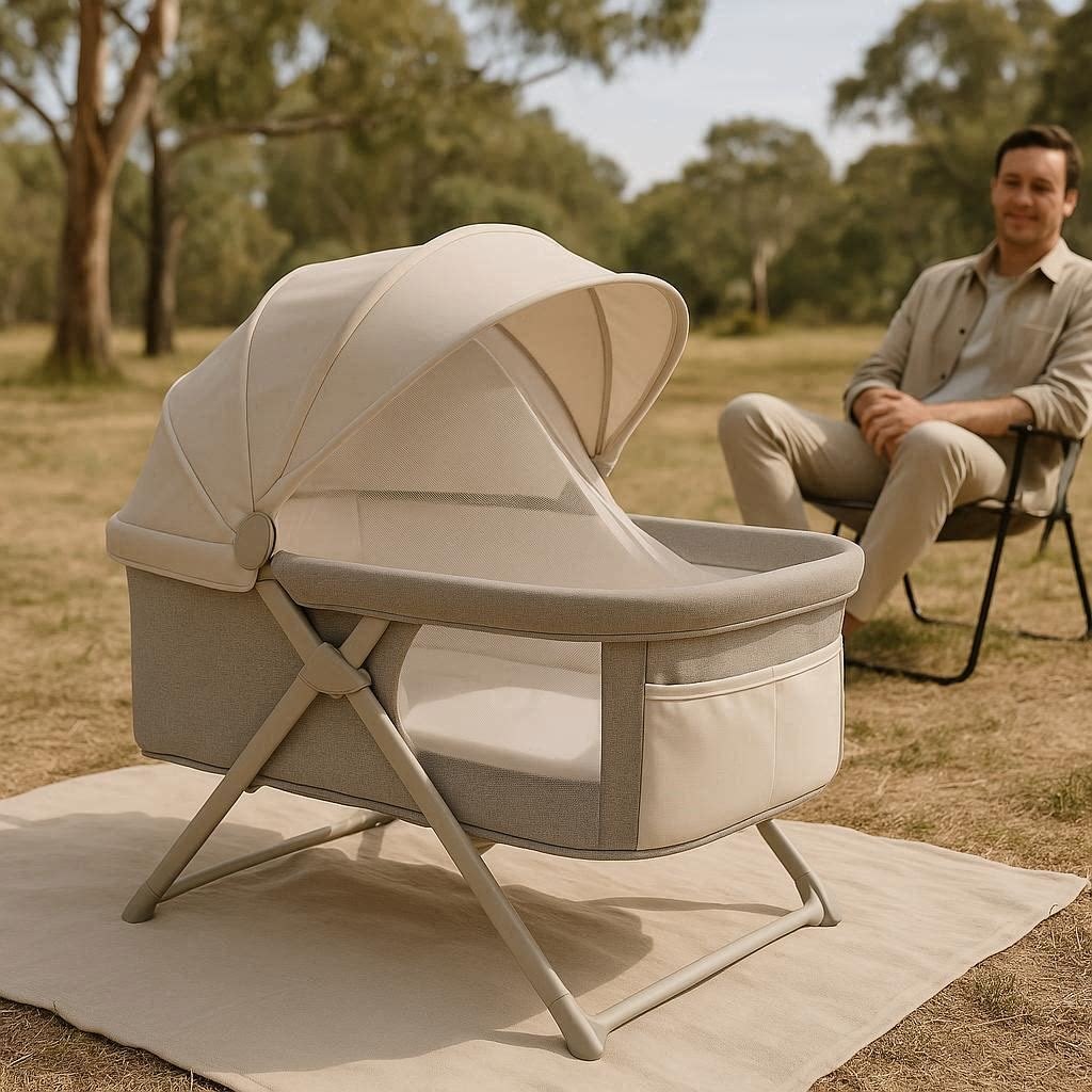 Portable baby bassinet set up at a campsite on a picnic rug