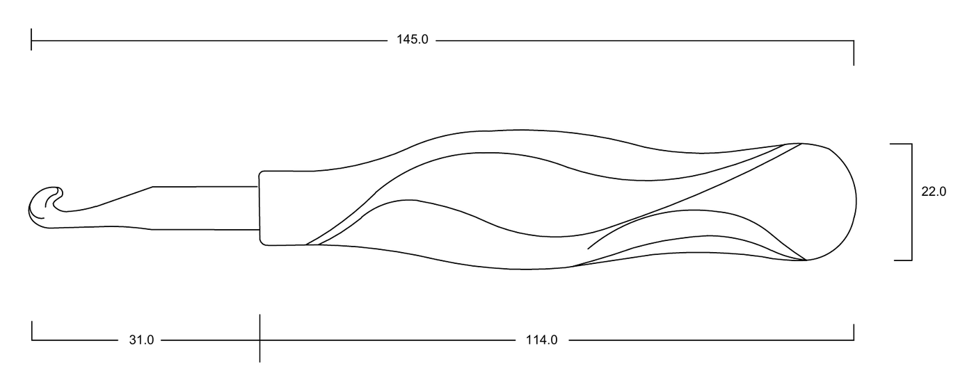 Dimensioned technical drawing of the ergonomic crochet hook — 145 mm overall length