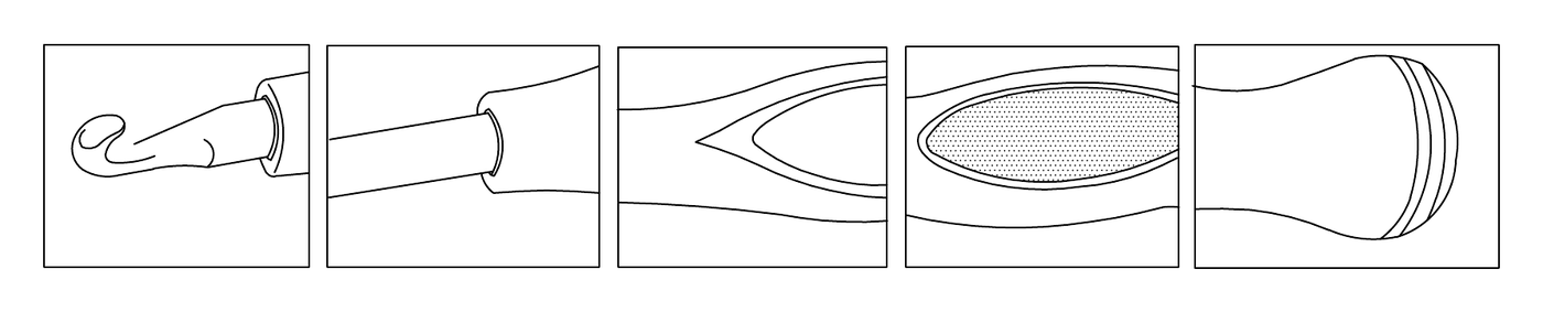 Detail studies of the crochet hook — hook head, neck, grip zone and end cap