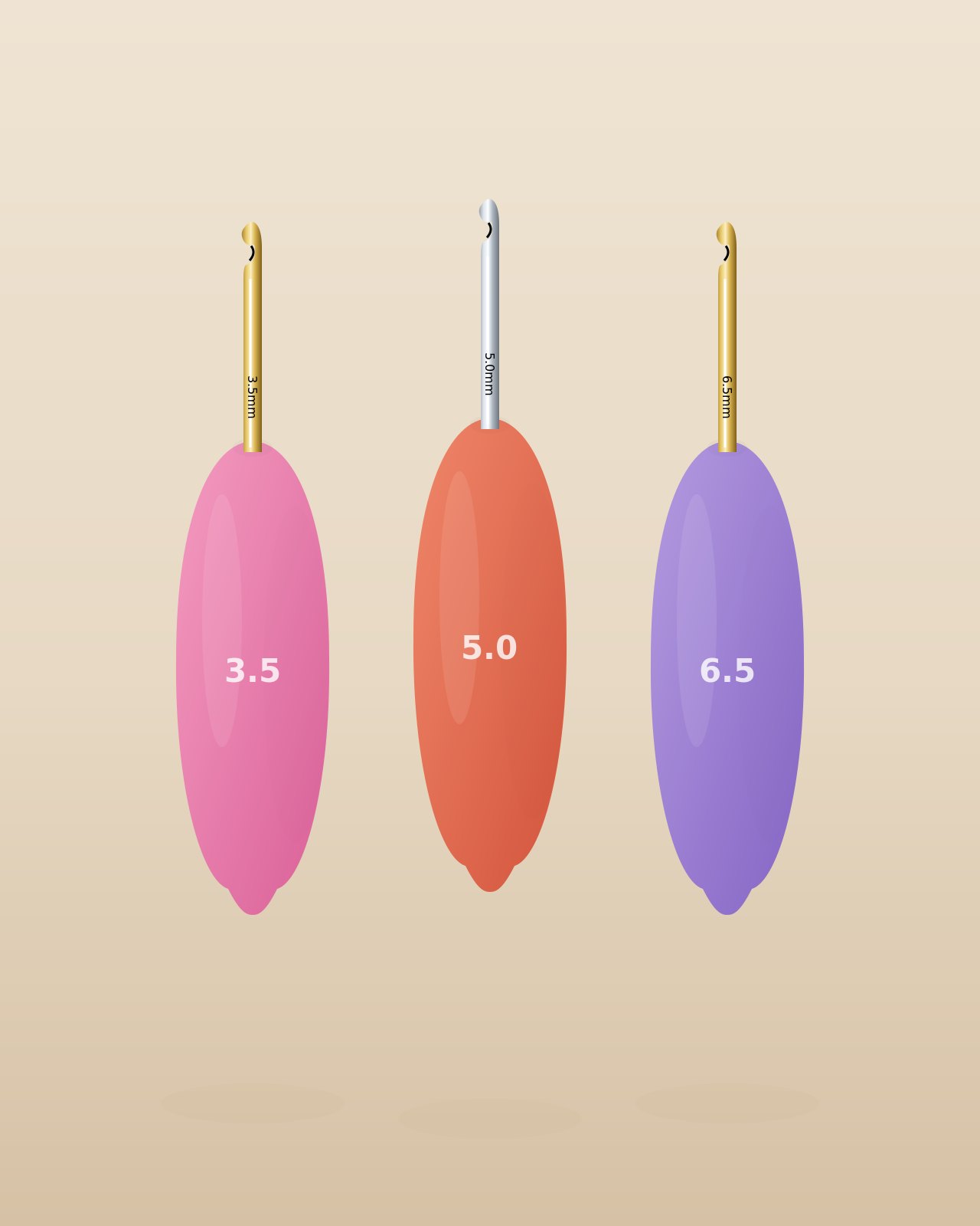 Ergonomic crochet hook concept across three sizes — 3.5, 5.0 and 6.5 mm