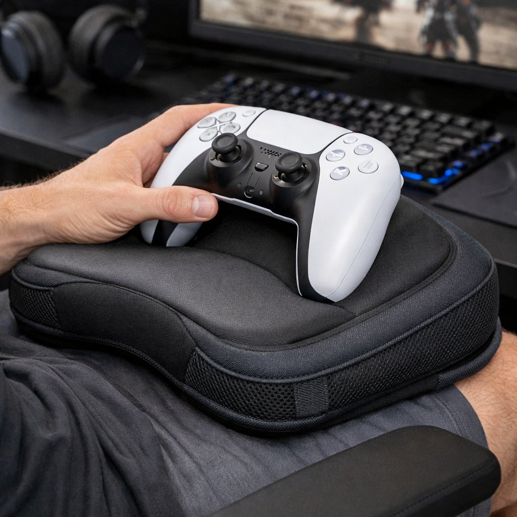 Ergonomic wrist cushion supporting the hand while gaming with a controller — design concept