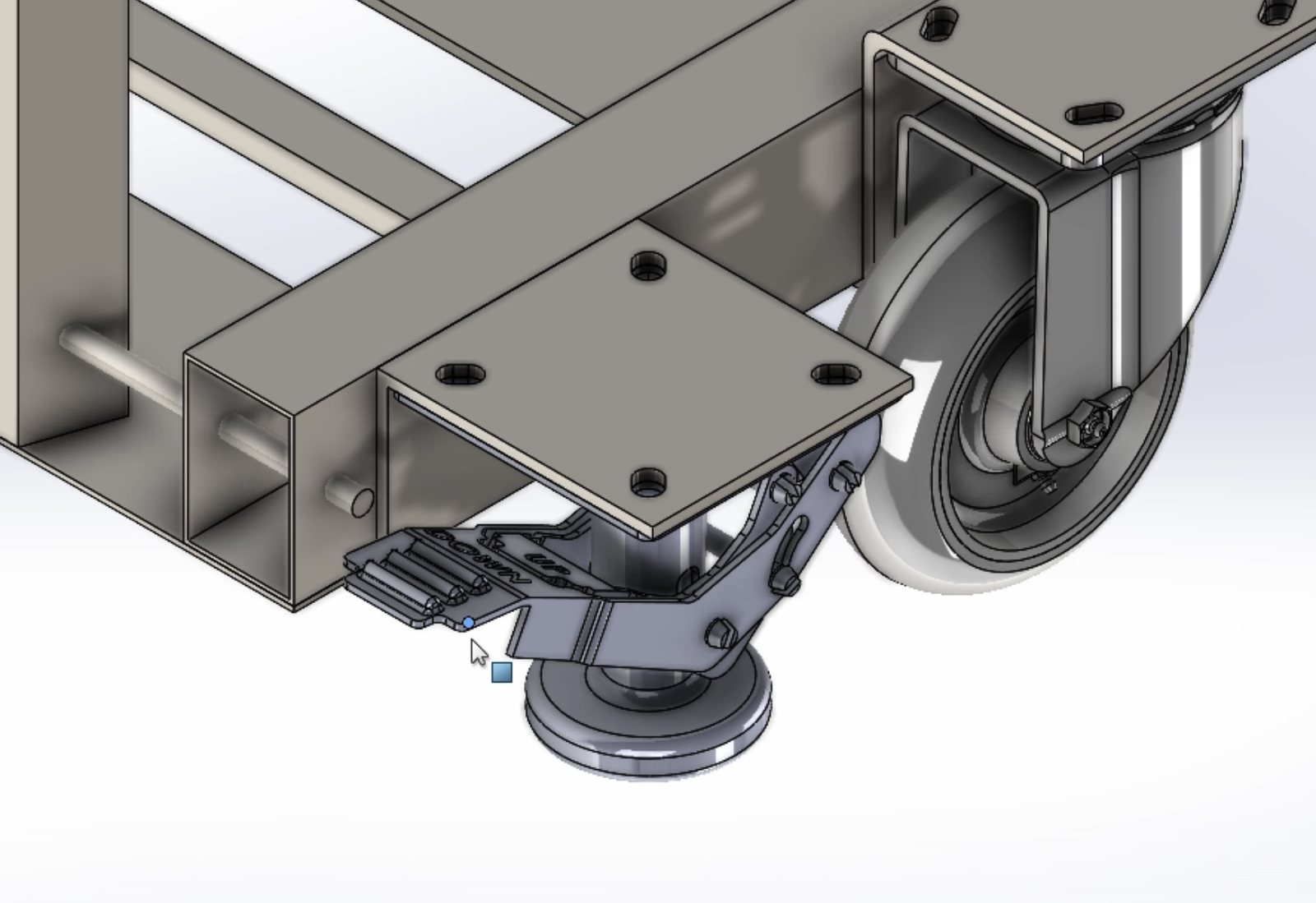 Motorcycle garage dolly CAD — stopper and caster detail