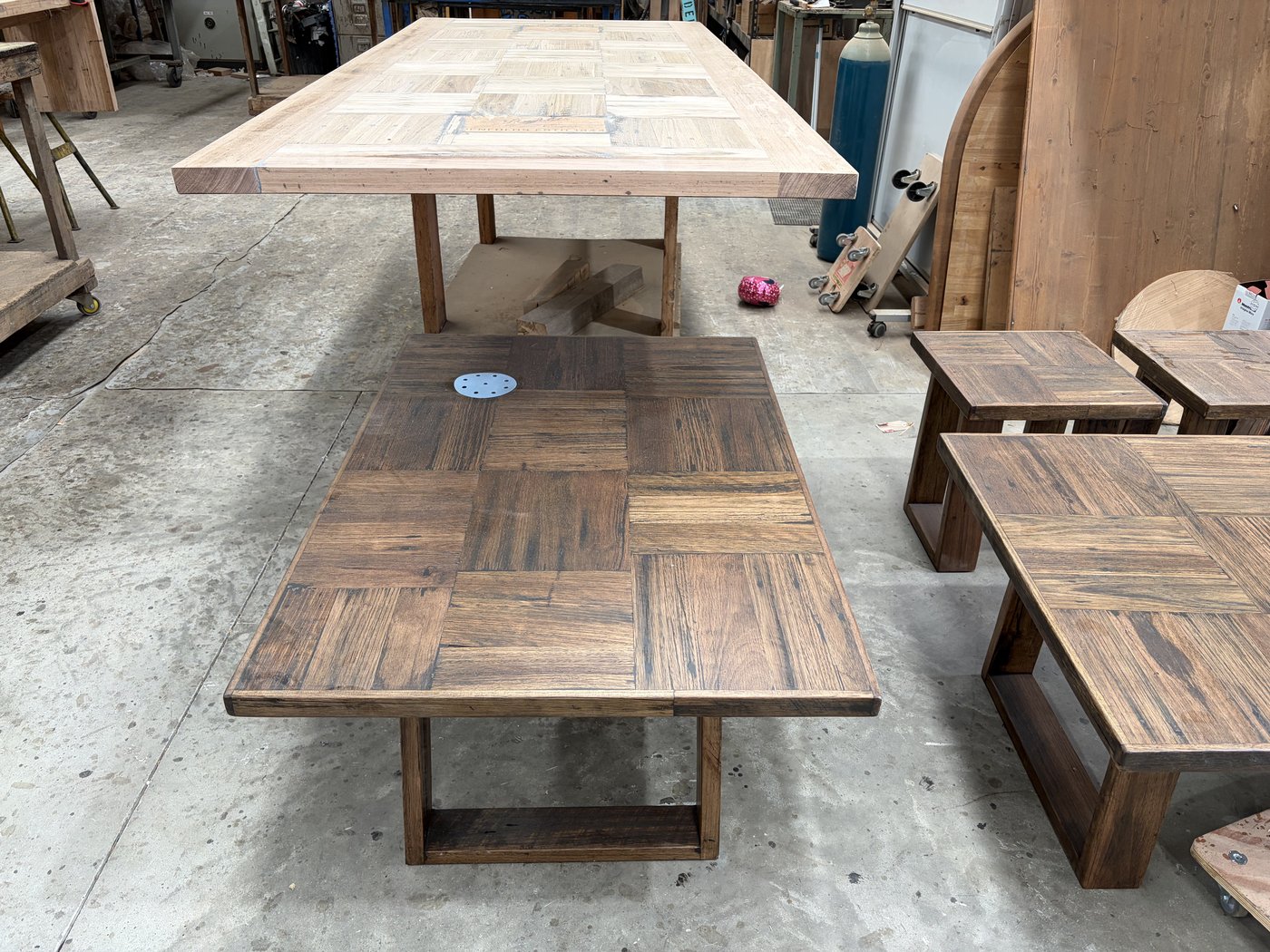 Finished timber tables before shipping