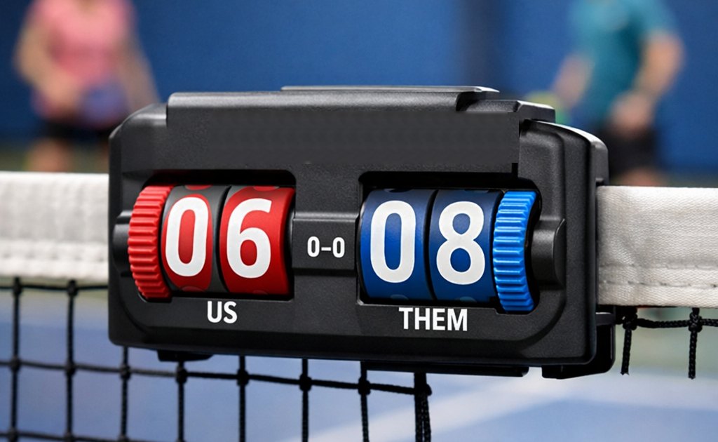 A court-side score keeper clamped on the net, showing 06 to 08, visible to both sides